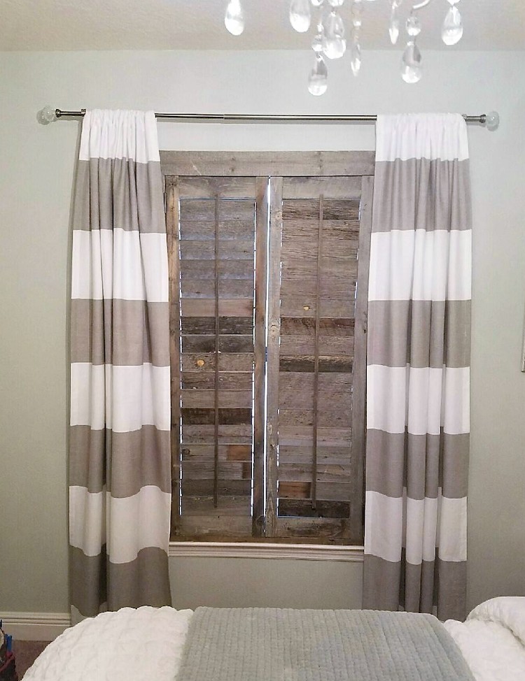 Reclaimed wood shutters with curtains