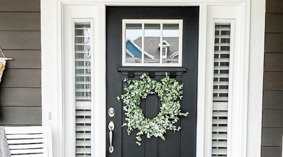 Sidelight window shutters display a stylish curb appeal for your home. Sidelight window shutters next to front door.